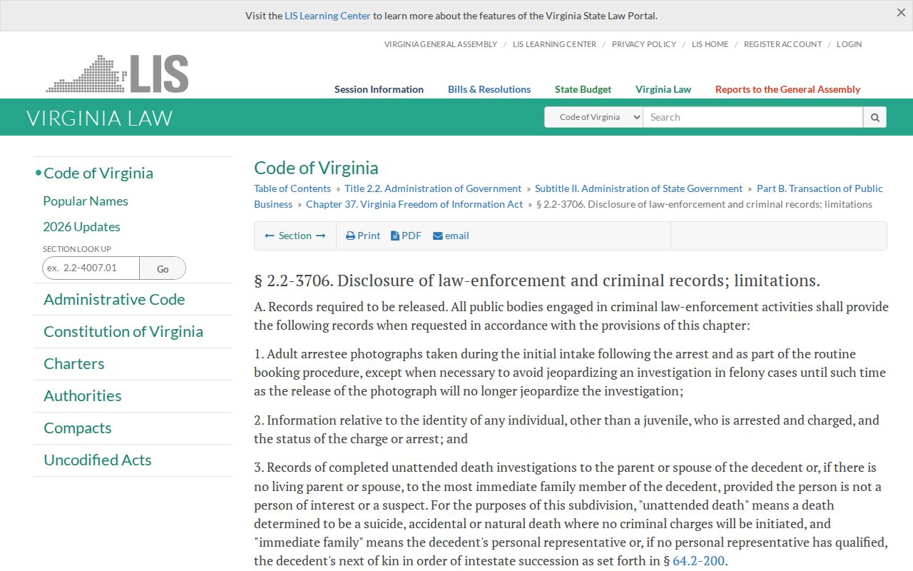 Amherst County booking-photo disclosure rule in Virginia public-records law
